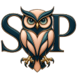 SP owl logo in blush rose and midnight blue, representing wisdom, creativity, and professionalism.