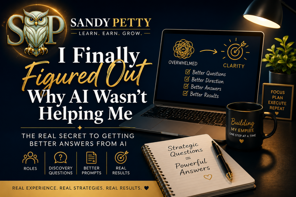 Luxury midnight blue and gold featured image for Sandy Petty blog post about learning how to use AI more effectively through roles, discovery questions, and strategic prompts.