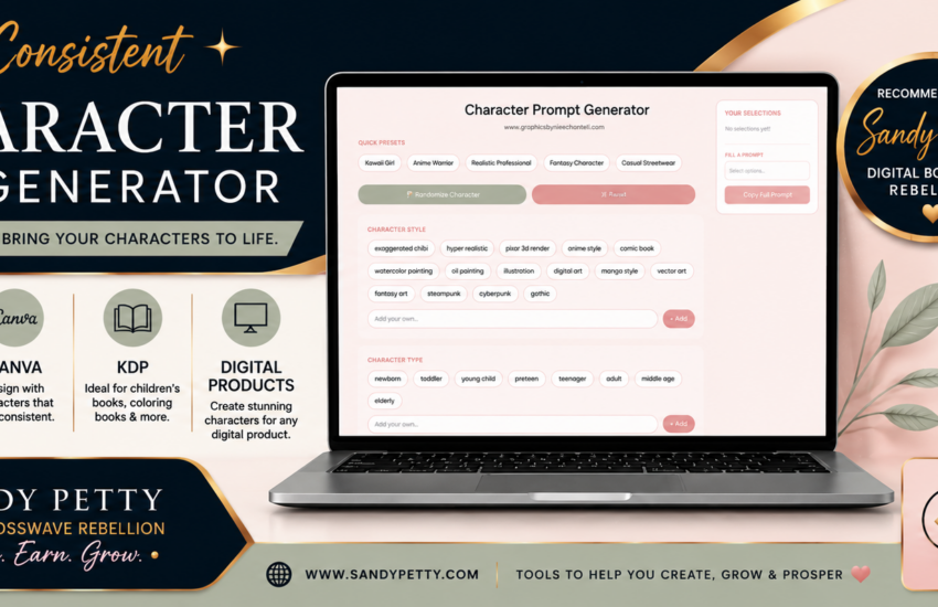 AI Character Prompt Generator recommended by Sandy Petty for creating consistent characters for books, Canva, Etsy, KDP, and digital products.