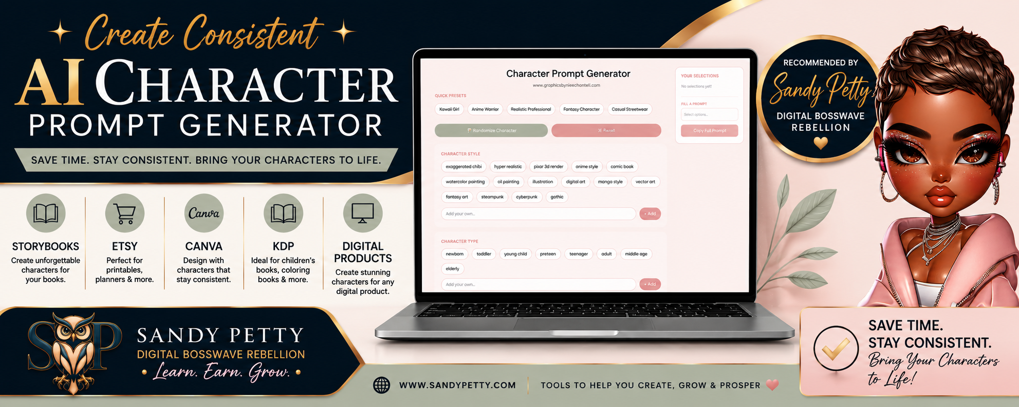 AI Character Prompt Generator recommended by Sandy Petty for creating consistent characters for books, Canva, Etsy, KDP, and digital products.