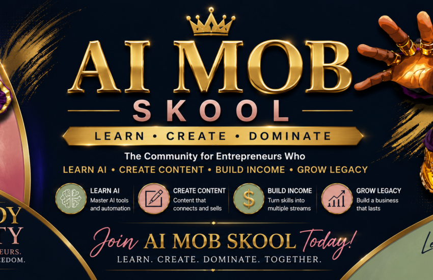 AI Mob Skool community banner featuring Sandy Petty branding and information about learning AI, content creation, automation, and business growth.