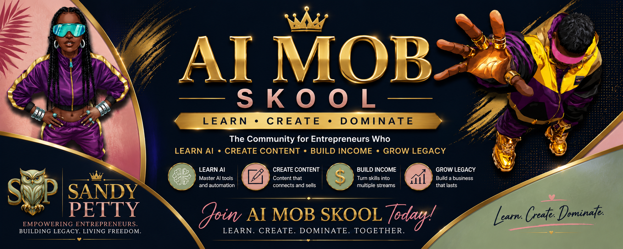 AI Mob Skool community banner featuring Sandy Petty branding and information about learning AI, content creation, automation, and business growth.